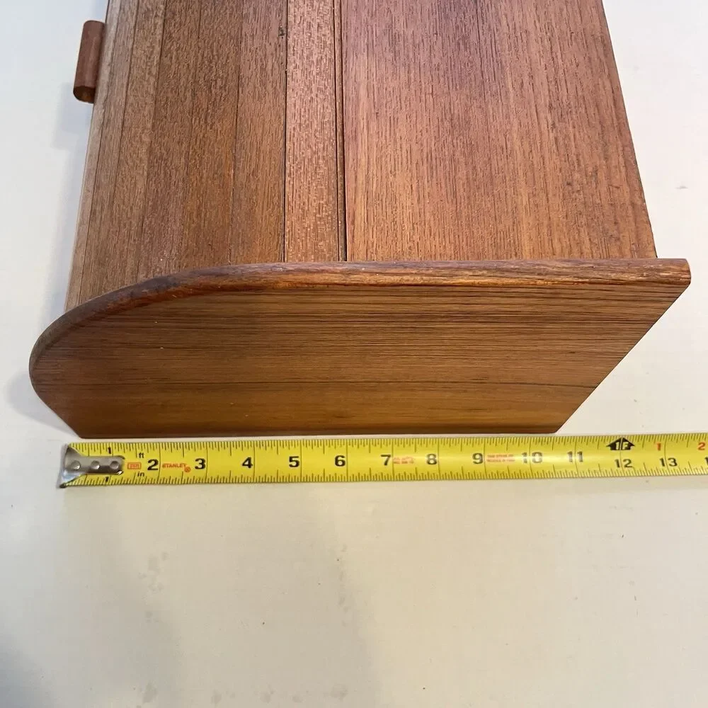 Vintage MCM Teak Tambour Wooden Roll Top Bread Box Baker Heart Stuart